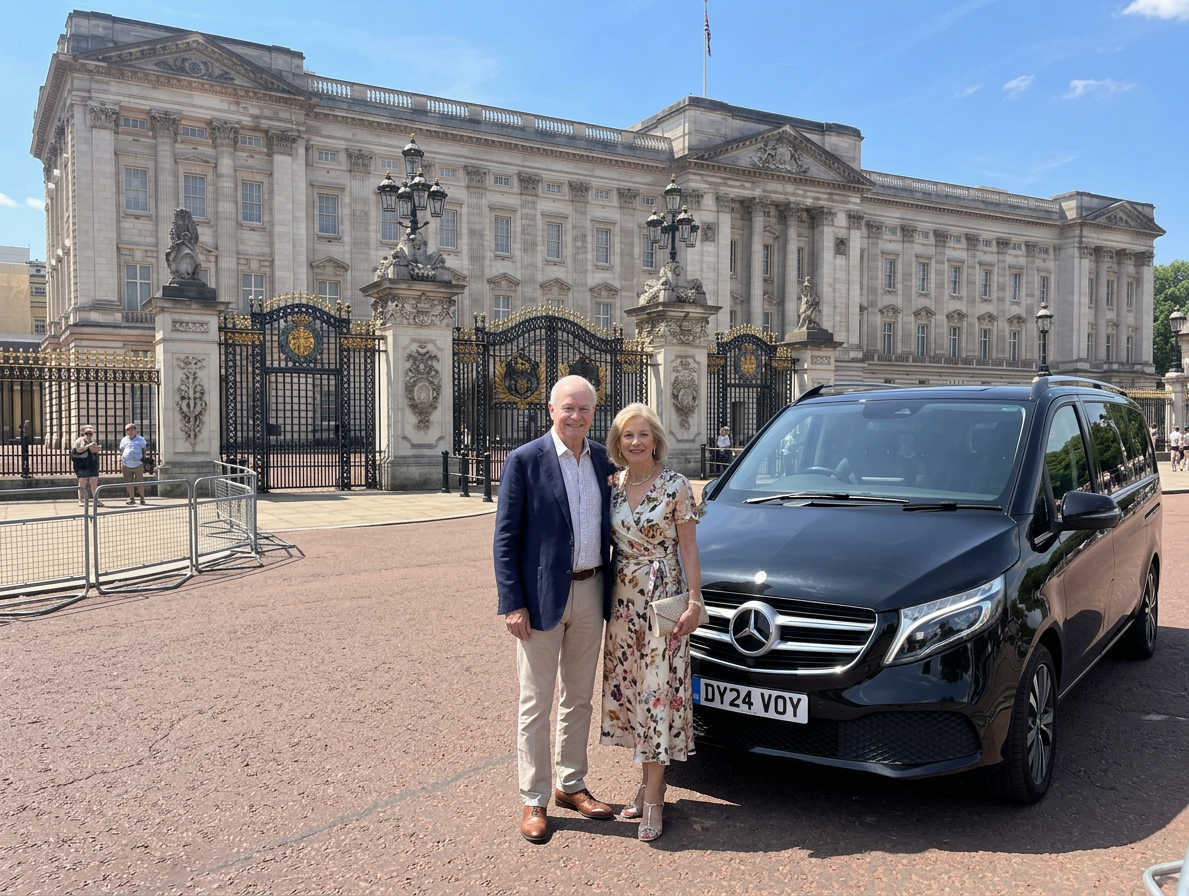 Couple at Buckingham Palace with private driver